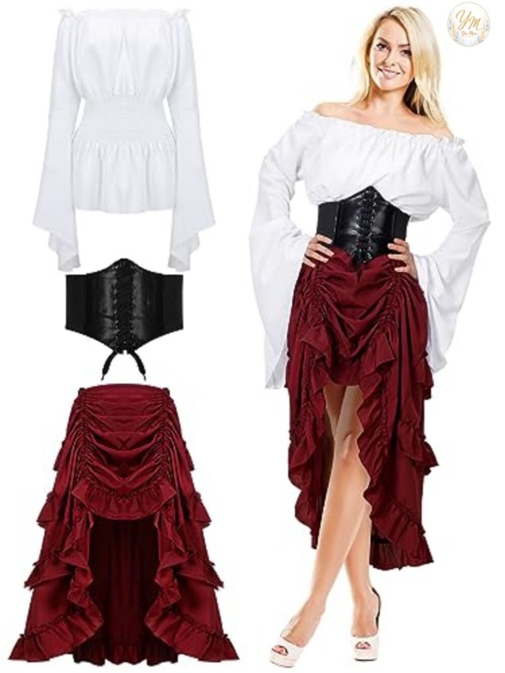 Panitay Women Pirate Costume Renaissance Off Shoulder Top Corset Skirt Set
